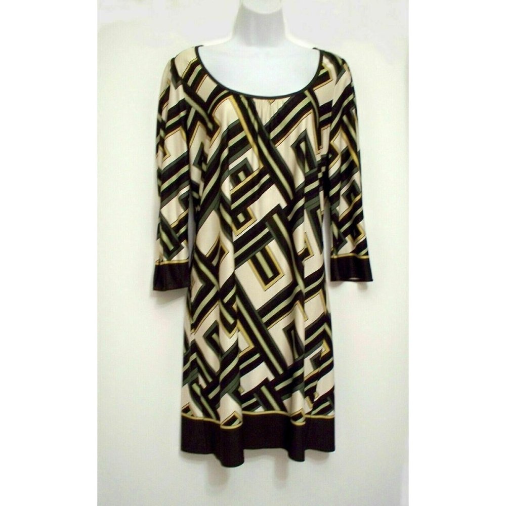 Ann Taylor Loft Dress Sz 6 Beige Brown Artsy Geometric Print Dressy Sheath Shift